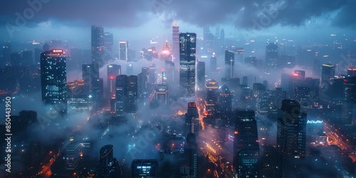 Urban skyline at night, foggy ambiance, high definition, mysterious and serene, glowing lights, towering skyscrapers, atmospheric and dramatic