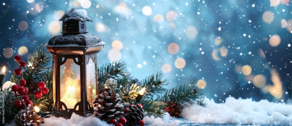 Lantern with ornaments on a snowy background - Christmas Decoration Lantern with ornaments on a snowy background - Christmas Decoration