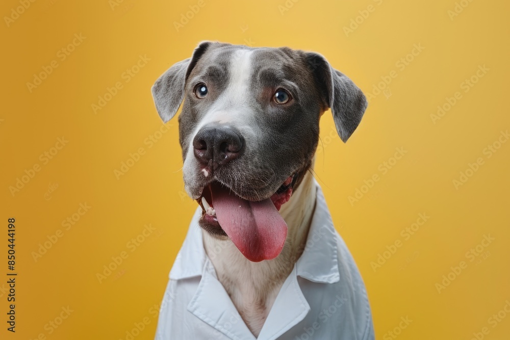 A happy dog with its tongue hanging out, wearing a white shirt A happy dog with its tongue hanging out, wearing a white shirt