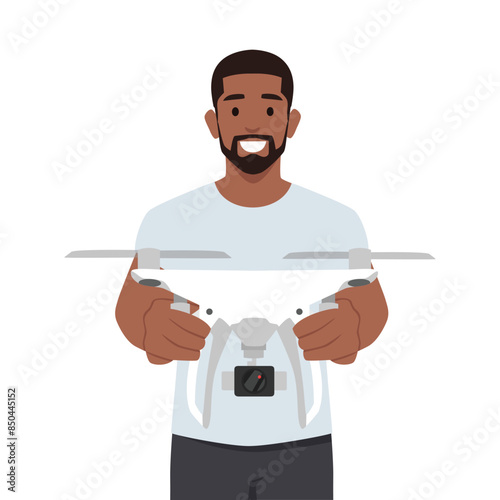 Drone with controller in hands of man. Flat vector illustration isolated on white background