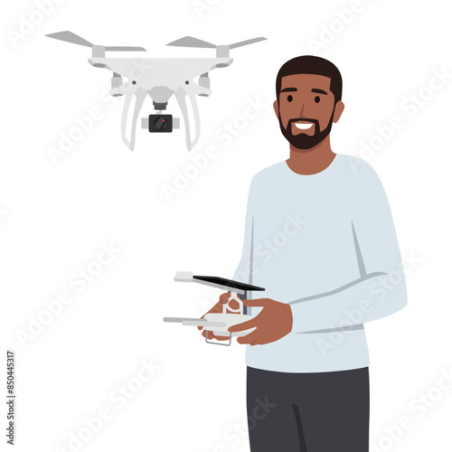 Remote aerial drone with a camera taking photography or video recording game. Flat vector illustration isolated on white background photo