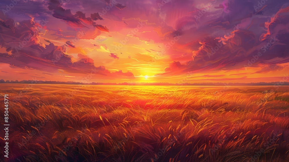 Fototapeta premium Sunset over fields, vibrant orange and pink sky, wheat swaying, high definition, tranquil and beautiful, warm glow, expansive landscape