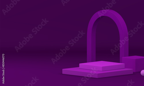Purple 3d podium pedestal with arch wall background for presentation realistic vector