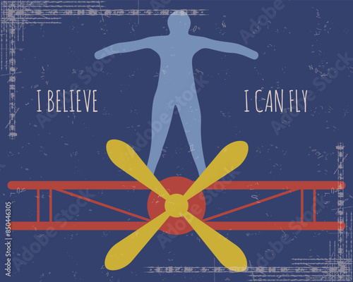 Boho Groovy wing walking stuntman. Old fashion poster with trendy Grunge Noise texture and airplane. Retro Naive vector aesthetic can used aviation school interior design. EPS 10