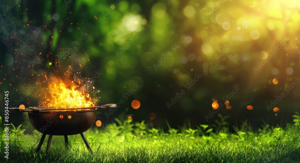 Outdoor cooking on a barbecue grill with a fire flame in the garden Outdoor cooking on a barbecue grill with a fire flame in the garden