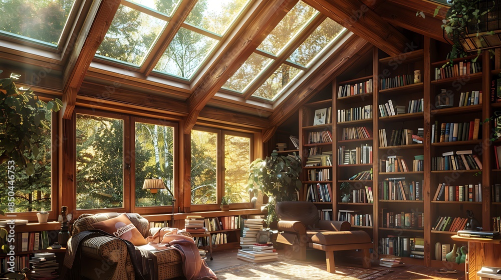 A sunroom with a cozy reading nook, filled with bookshelves, a comfortable armchair, and sunlight pouring in from skylights A sunroom with a cozy reading nook, filled with bookshelves, a comfortable armchair, and sunlight pouring in from skylights