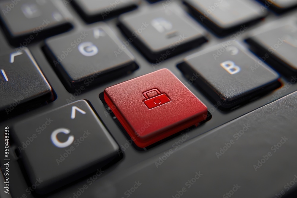 Close-up shot of a bright red button on a keyboard, suitable for tech-related designs