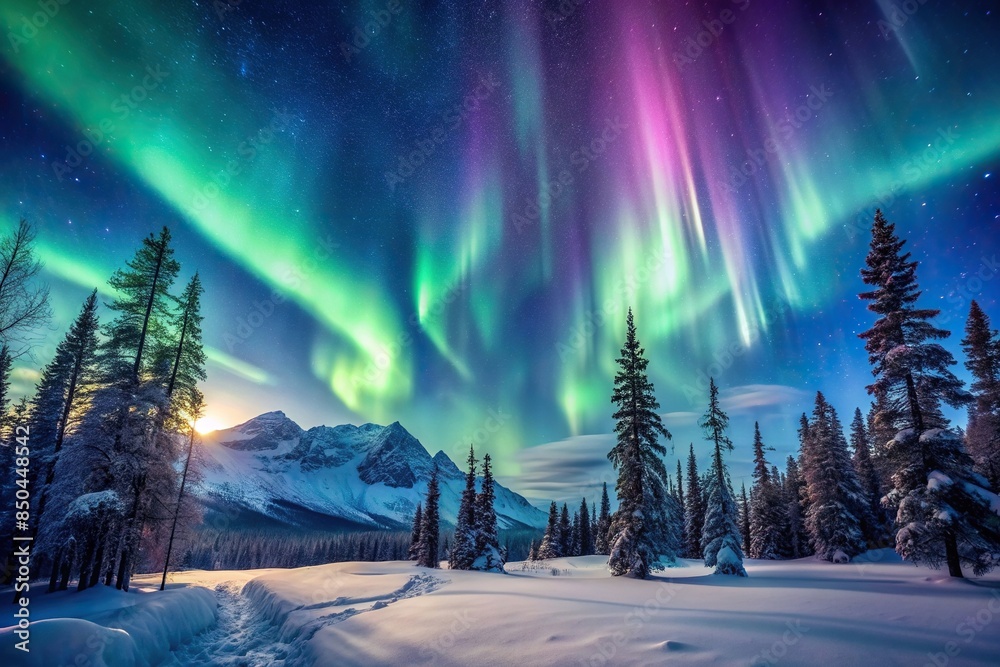 Amazing view of northern lights over snowy mountains and trees in sky ...