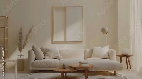 Warm and cozy composition of living room interior with mock up poster frame modular sofa wooden coffee table round rug beige wall modern rack and personal accessories Home decor Templa : Generative AI