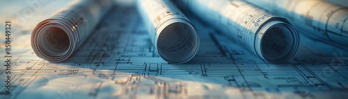 Closeup of architectural blueprints and rolled plans, capturing the meticulous details and planning involved in construction projects