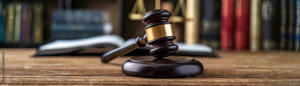 Closeup of a judges gavel on a wooden table, with legal documents and books in the background, symbolizing law and order Closeup of a judges gavel on a wooden table, with legal documents and books in the background, symbolizing law and order