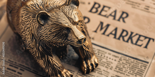 Bear statue on business newspaper. Bearish trend on stock market and bessa concept. Shallow depth of field. photo