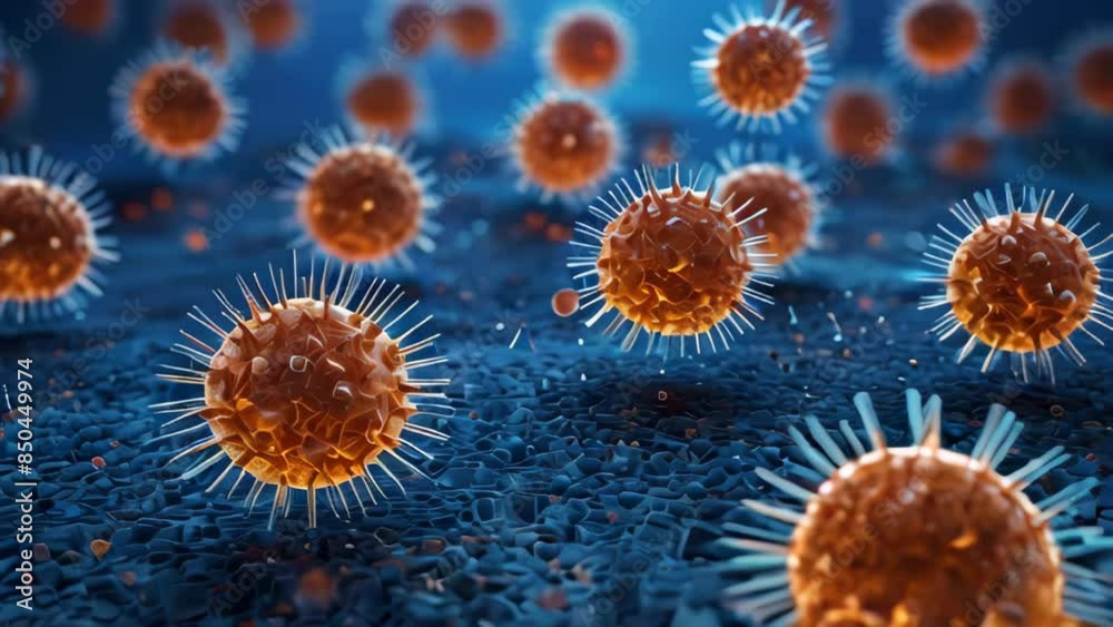 virus particle with spiky orange and blue protrusions, floating in a dark blue background. The vibrant colors and intricate details highlight the virus's structure. Healthcare and medicine concept virus particle with spiky orange and blue protrusions, floating in a dark blue background. The vibrant colors and intricate details highlight the virus's structure. Healthcare and medicine concept