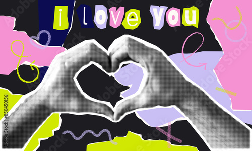 Colorful Poster with Halftone Hands in the shape of a heart and the inscription I love you from magazine clippings