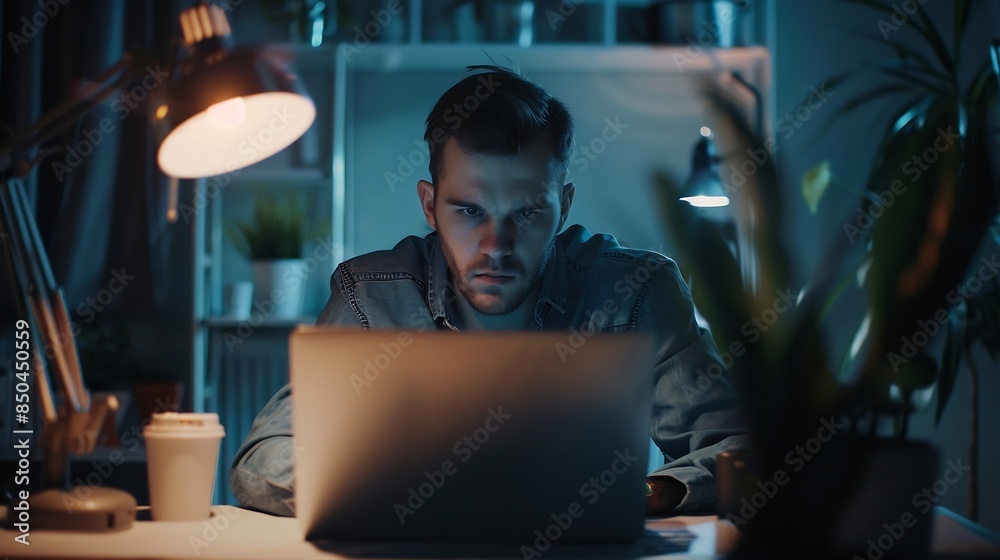 Front view of serious millennial man using laptop sitting at the working places focused guy communicating online writing emails distantly working or studying on computer : Generative AI Front view of serious millennial man using laptop sitting at the working places focused guy communicating online writing emails distantly working or studying on computer : Generative AI