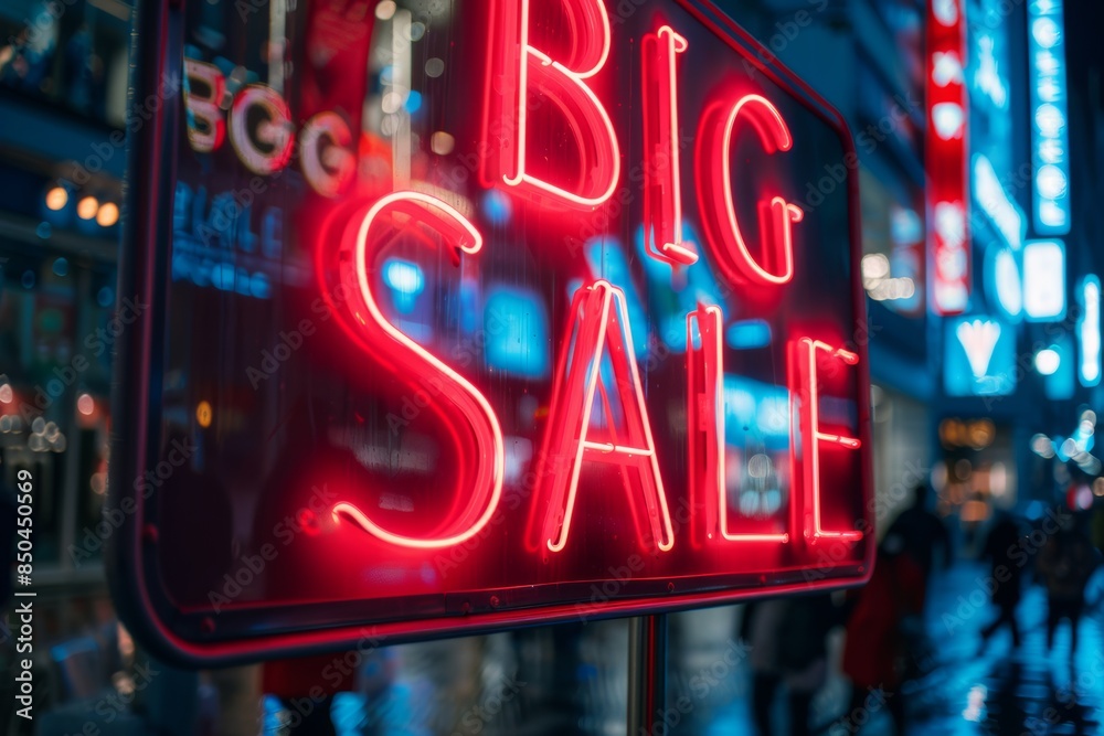 BIG SALE red neon sign on digital screen glowing at night downtown in big city BIG SALE red neon sign on digital screen glowing at night downtown in big city