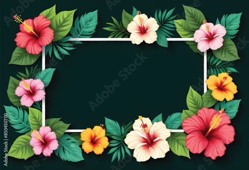 a frame with hibiscus flowers and plants on dark background with white line border