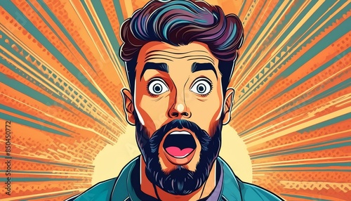 pop art comic style man with suprised expression, man with facial hair photo