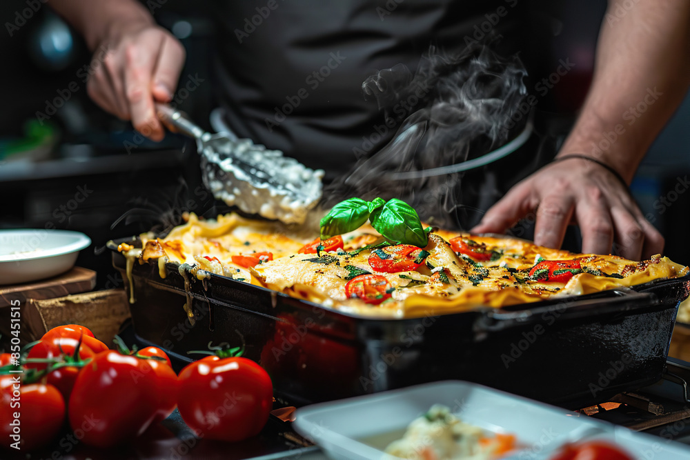 Chef preparing lasagna with basil and fresh red tomatoes in restaurant. National Lasagna Day on July 29. National Chef Day Chef preparing lasagna with basil and fresh red tomatoes in restaurant. National Lasagna Day on July 29. National Chef Day