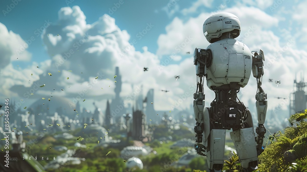 Naklejka premium A futuristic robot overlooks a sprawling sci-fi cityscape with flying vehicles under a bright blue sky filled with clouds.