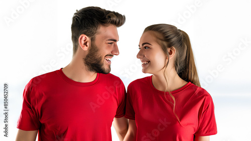 Couple of valentines wearing red looking each other