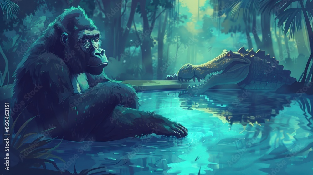 Fototapeta premium Gorilla and Crocodile Share a Moment in the Jungle