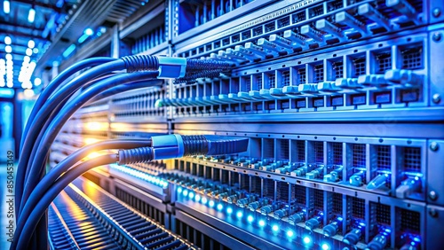 High-tech network equipment with blue lights and cables for technology enthusiasts and IT professionals