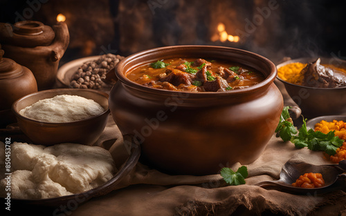 Yemeni saltah, meat stew, fenugreek foam photo