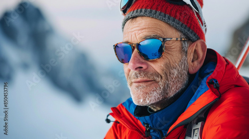 A man wearing a red jacket and a red hat with sunglasses on