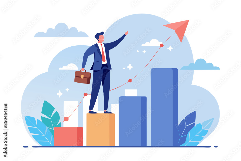 Vision to see next goal motivation to success forecast and business prediction challenge to be better and achieve success concept confidence businessman step on rise up graph look for next goal Vision to see next goal motivation to success forecast and business prediction challenge to be better and achieve success concept confidence businessman step on rise up graph look for next goal