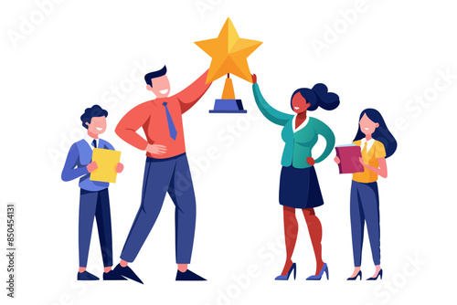 Employee engagement commitment or motivation to success with company staff dedication or job satisfaction productivity or employee recognition business people employee with stars and happy reward