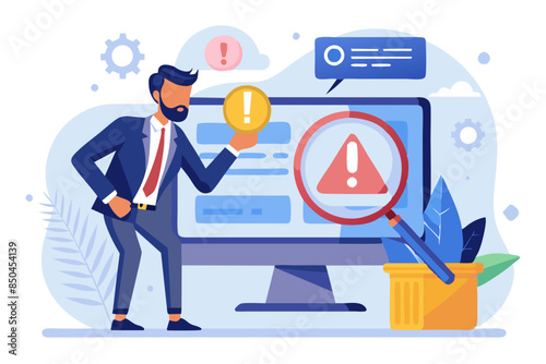 Incident management root cause analysis or solving problem identify risk or critical failure concept businessman with magnifier monitor and investigate incident with exclamation attention sign modern