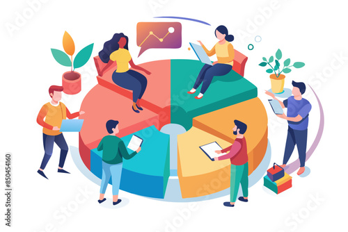 Employee participation partnership or collaboration to success teamwork or team effort for business development statistic or analytics concept business people colleagues help building pie chart