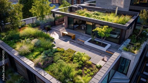 Serene rooftop garden with spacious open-air workspace, ideal for boosting creativity and productivity. © klss777