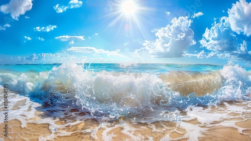 Ocean waves, bright sunny day, sparkling water, high definition, vibrant and lively, dynamic motion, refreshing and energetic, wide-angle view photo
