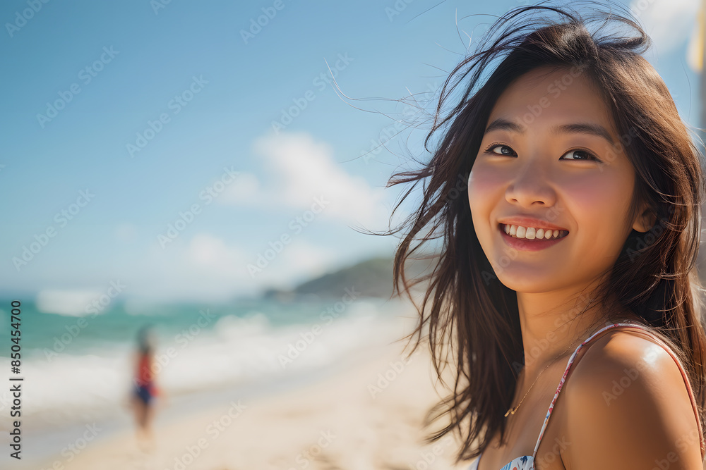 A woman with long hair is smiling at the camera on a beach A woman with long hair is smiling at the camera on a beach