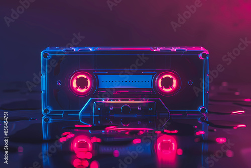 Neon cassette. Nostalgia of the 90s. Audio cassette for listening to music. 
