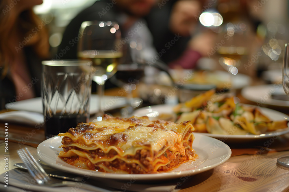 Delicious slice of lasagna served on a white plate in a restaurant, capturing the essence of national lasagna day on 29th july Delicious slice of lasagna served on a white plate in a restaurant, capturing the essence of national lasagna day on 29th july
