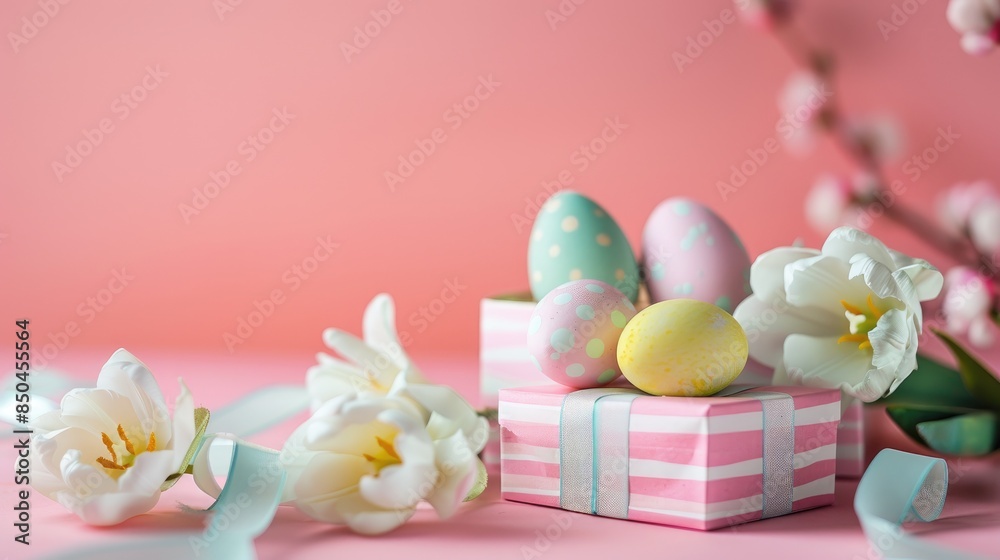 Brightly Colored Easter Eggs a Vibrant Symbol of Spring Celebration Colorful Eggs Adorned on Pink Background White Tulips and Gift Box with Ribbon Brightly Colored Easter Eggs a Vibrant Symbol of Spring Celebration Colorful Eggs Adorned on Pink Background White Tulips and Gift Box with Ribbon
