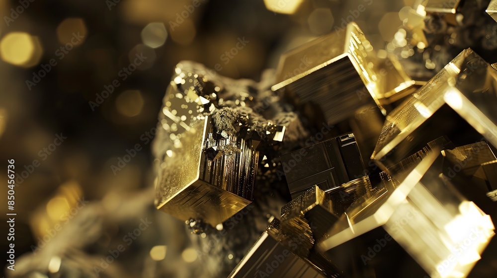 Extreme close-up of a pyrite cluster, metallic gold, cubic formations, soft focus, diffused light. Extreme close-up of a pyrite cluster, metallic gold, cubic formations, soft focus, diffused light.