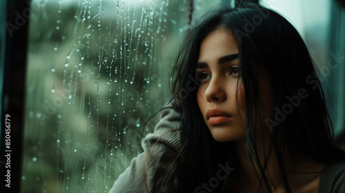 A young woman with dark, long hair sits by the window, looking at the rain. Her face shows sadness and longing, as if there were unexpressed desires hidden in her heart. photo