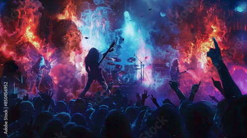 A heavy metal rock concert, where a crowd of fans indulges in the powerful sounds of distorted guitars.