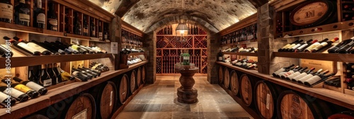 Wine Vault, Basement wine cellar, bottles of wine and vintage barrels © Yeivaz