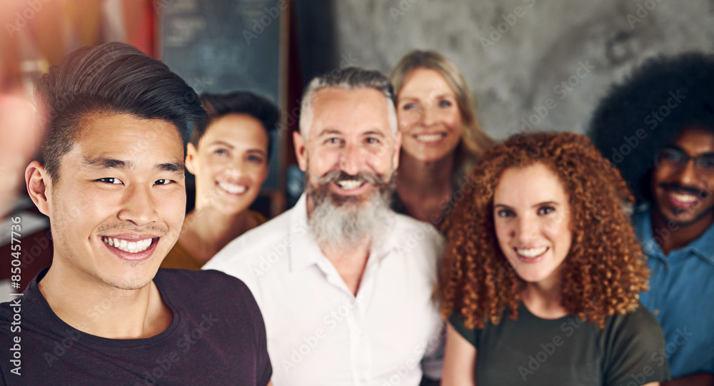 Obraz premium Creative, people and smile for selfie, startup and photography for memory in company and networking. Happy, employees and executive in profile picture of business, website and writer in agency