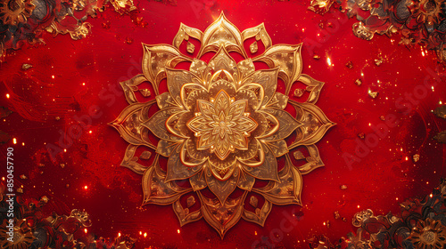 A radiant golden mandala, intricately detailed, shimmers against a deep red background, adorned with golden flecks