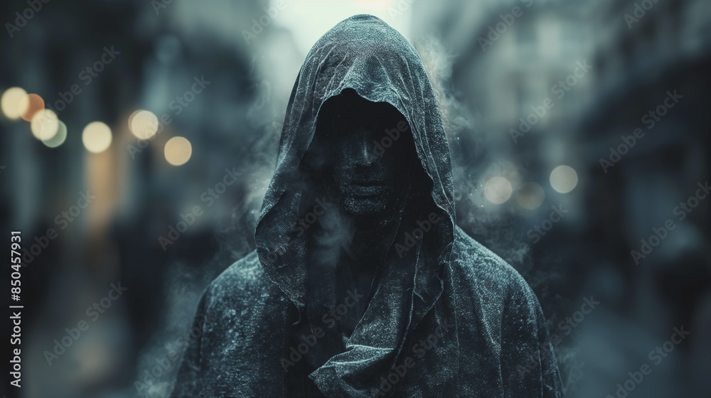 Fototapeta premium A man in a hooded sweatshirt is standing in the rain