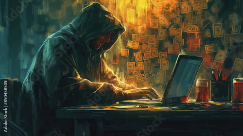 A man in hoodie is sitting at a desk with typing on the laptop. The room is dimly lit and there are several money papers scattered around the desk and the wall
