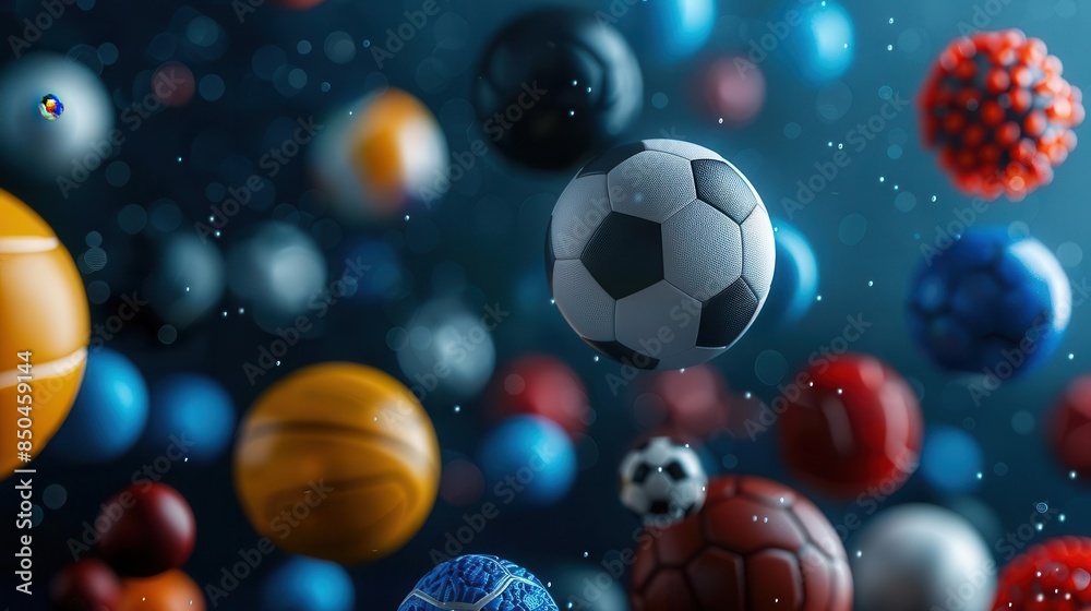 Assorted sports balls in midair on a navy blue background Assorted sports balls in midair on a navy blue background