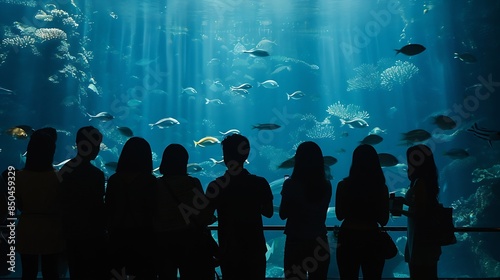 silhouettes of people against a big aquarium : Generative AI photo