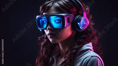 Neon portrait of a lady Gamer wearing VR goggles 